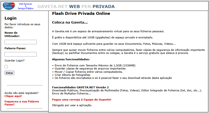 Página antiga da Gaveta.net com o formulário de login e a apresentação Web Pen Privada